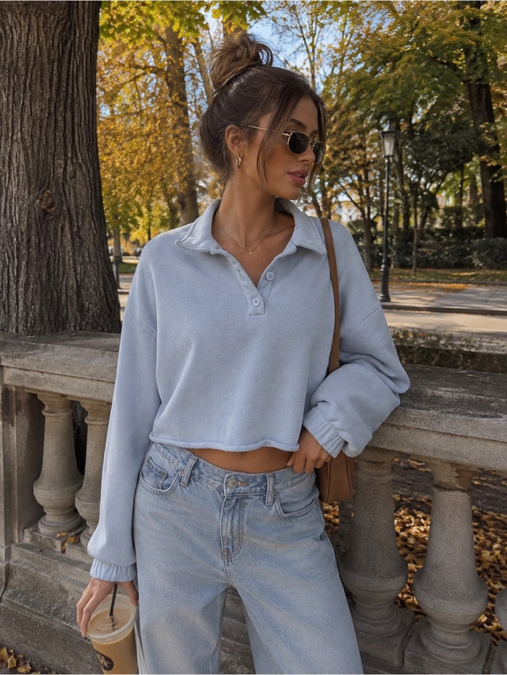 aerie Light Blue Cropped Polo Pullover